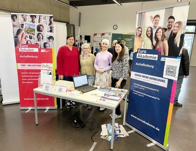 Berufsbildungsmesse 2024 Hinter einem Messestand stehen vier Frauen unterschiedlichen Alters und schauen in die Kamera. Auf dem Tisch steht neben verschiedenen Infobroschüren und Flyern sowie zwei Aufstellern mit QR Codes ein Laptop. Neben dem Tisch stehen Roll-ups der Euro-Schulen (links) und der Euro Akademie (rechts).