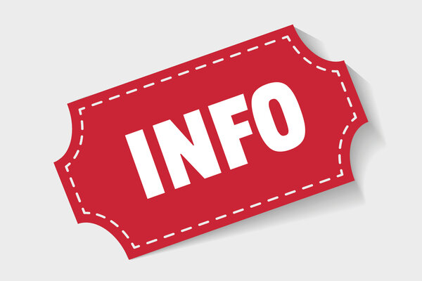 Wichtige Informationen zu Berufssprachkursen! Die Aufschrift "Info" in großen weißen Lettern befindet sich auf einem roten Schild auf hellgrauem Hintergrund, welches mit weißen Strichen umrandet ist.