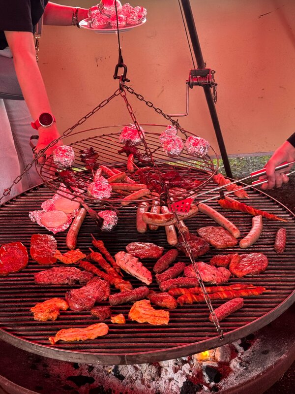 Grill & Chill bei den Euro-Schulen Niederrhein Auf einem Schwenkgrill liegen verschiedene Fleischspezialitäten wie Grillsteaks, Würstchen, Grillfackeln, Putensteaks, aber auch Grillkäse und Kartoffeln in Alufolie. Eine Person ist gerade dabei, die Folienkartoffeln auf den Grill zu legen, während eine andere die Würstchen wendet.