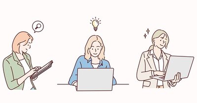 Arbeitende Frauen Drei illustrierte Frauen arbeiten. Zwei am Laptop, eine andere hält ein Tablet in der Hand. Alle lächeln und sind offensichtlich zufrieden mit ihrer Arbeit.