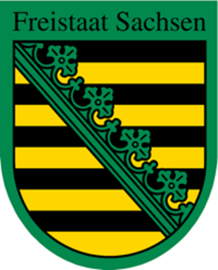 Winterliche Schultüren Grün, gelb, schwarzes Wappen des Freistaates Sachsen.