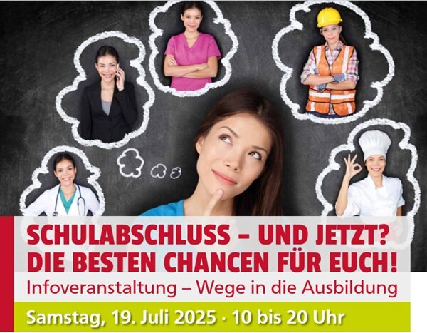 „Wege in die Ausbildung“ in den Hallen am Borsigturm In der Mitte eine Frau mit braunen Haaren, die sich mit dem Zeigefinger an den Mund tippt, schräg nach oben schaut und sich Gedanken macht über ihren zukünftigen Beruf. Über ihr fünf Gedankenblasen, in denen sie selbst in unterschiedlichen Berufen imaginiert, unter anderem als Ärztin mit weißem Kittel und Stethoskop, als Managerin in schwarzem Blazer, als Pflegefachkraft in pinkem Kittel, als Bauarbeiterin oder Architektin mit gelbem Sicherheitshelm und Warnweste und als Köchin mit großem Kochhut auf den Kopf.