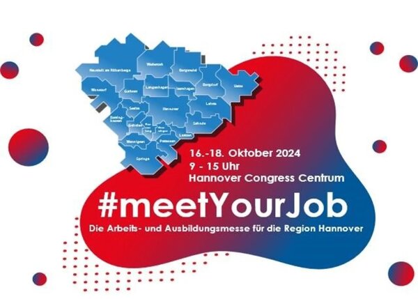 Integrationskurs auf der Jobmesse Hannover Ein blau-roter Tintenfleck auf dem in weißen Buchstaben 'meetYouJob steht und das Datum der Messe. Links darüber ist eine Karte aller Landkreise und Städte, die mitmachen.