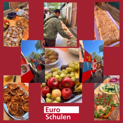 Collage mit unterschiedlichen Fotos vom Buffet: Teigwaren, Gemüse, Obst sowie einem Mann, der sich eine Speise auf den Teller legt. Außerdem eine Girlande mit internationalen Flaggen. Ganz unten das Logo der Euro-Schulen.
