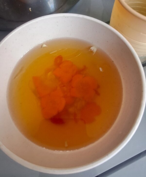 Abschluss des Deutschkurses Teller mit Karottenscheiben in klarer Brühe.
