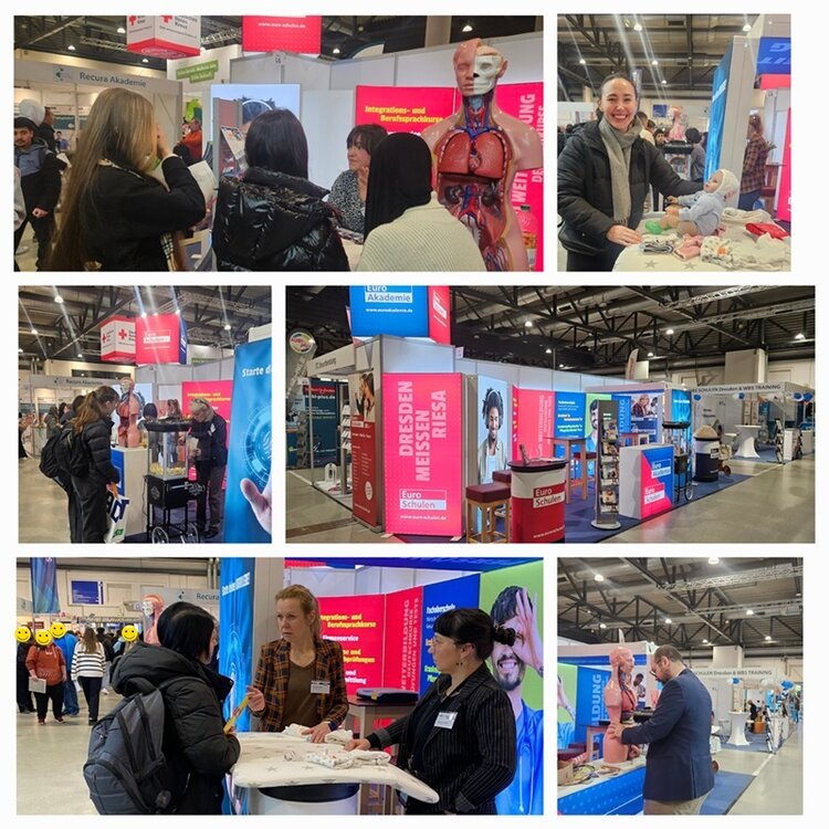 Erfolgreiche Messeteilnahme Collage von Bilder mit Besucherinnen und Besuchern am Euro Akademie und Euro-Schulen Stand.