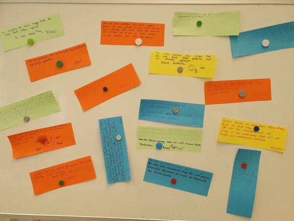 Auf den Spuren der Geschichte Zittaus Eine Pinnwand mit mehreren bunten Feedback-Karten, auf denen handschriftliche Kommentare und Meinungen zu sehen sind. Die Karten sind in verschiedenen Farben gehalten und mit Magneten oder Pinnnadeln befestigt.