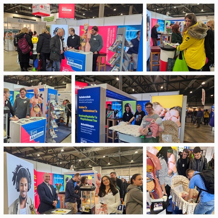 Erfolgreiche Messeteilnahme Bildercollage von Fotos mit Besucherinnen und Besuchern am Euro Akademie und Euro-Schulen Stand.