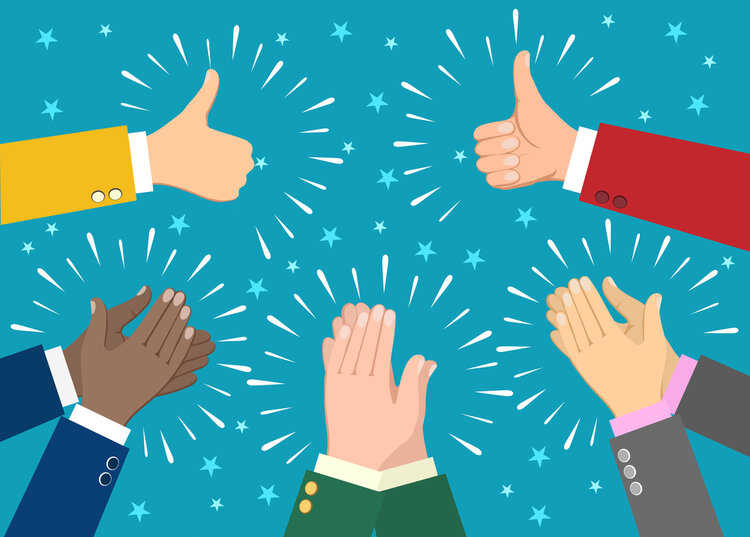 Gelungene Zeugnisfeier an der Euro Akademie Die Grafik zeigt fünf Hände, von denen zwei die Daumen nach oben recken und die anderen drei Handpaare klatschen. Sie bejubeln den Erfolg der Ausbildungsabsolvent*innen.