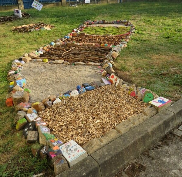 Sinnespfad mit seinen einzelnen Stationen wie Holzspähne, Sand, Stöcker, Steine, Moos zum Hindurchgehen