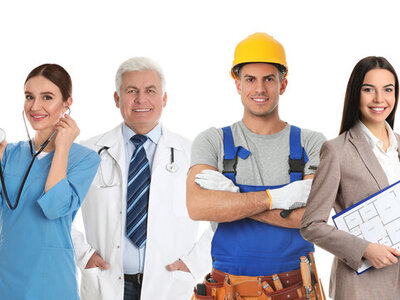 Zu sehen sind sechs Personen in typischer Berufskleidung: Manager, Krankenschwester, Arzt, Bauarbeiter, Architektin, Moderator