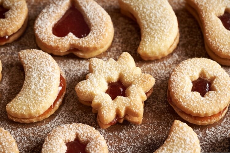 Adventsfeier der Euro-Schulen Mainz Weihnachtsplätzchen mit Marmelade und Puderzucker in verschiedenen Formen.