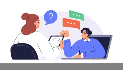 Illustration eines Bewerbungsgesprächs: Eine Frau mit Clipboard stellt Fragen, dargestellt durch eine Sprechblase mit Fragezeichen. Gegenüber sitzt ein lächelnder Mann in einem blauen Pullover, der offenbar online über einen Laptop am Gespräch teilnimmt. Um beide sind farbige Sprechblasen mit Punkten zu sehen, die Kommunikation symbolisieren.