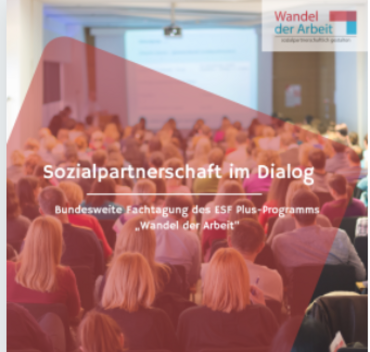 Sozialpartnerschaft im Dialog – Fachtagung am 07.05.2025 Ein Cover mit verschiedenen Personen im Hintergrund und der Aufschrift "Sozialpartnerschaft im Dialog"