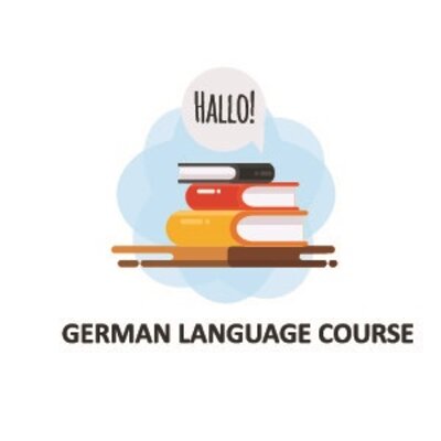 German Language Course Illustration von übereinander gestapelten Büchern, darüber eine Sprechblase, in der Hallo! steht. Unten der Schriftzug German Language Course.