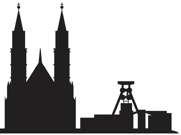 Essen – Kulturmetropole mit Herz für Vielfalt Illustration der Skyline der Stadt Essen mit dem Dom und der Zeche.