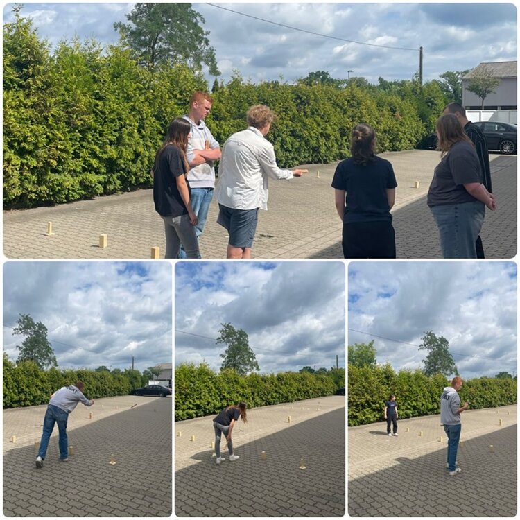 Abschluss-Sommerfest der BvB Teilnehmer*innen Bildercollage, die die Teilnehmenden beim Wikingerschach-Spiel zeigt.