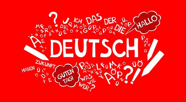 Perfekte Ergänzung für das internationale Team der Euro-Schulen Berlin In der Mitte der Grafik steht auf rotem Grund das Wort DEUTSCH in weiß. Außenherum sind verschiedene deutsche Begriffe angeordnet, zum Beispiel: das, der, die, Hallo, Guten Tag, Zukunft, haben, Zukunft.