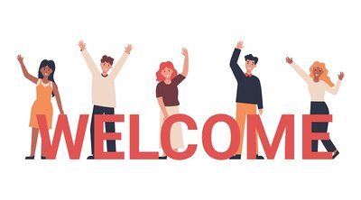 Eine Gruppe von Menschen, weiblich und männlich, unterschiedlicher Nationalität, sind als Cartoon-Illustration dargestellt. Sie stehen hinter dem Schriftzug WELCOME und grüßen lächelnd und mit winkenden Handgesten.