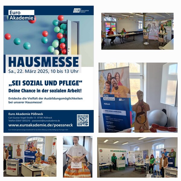 Hausmesse in Pößneck Eine Collage mit verschiedenen Eindrücken der Hausmesse: das Veranstaltungsplakat, Infostände, Roll-ups, ein medizinisches Trainingsmodell und Ausstellerinnen in Aktion.