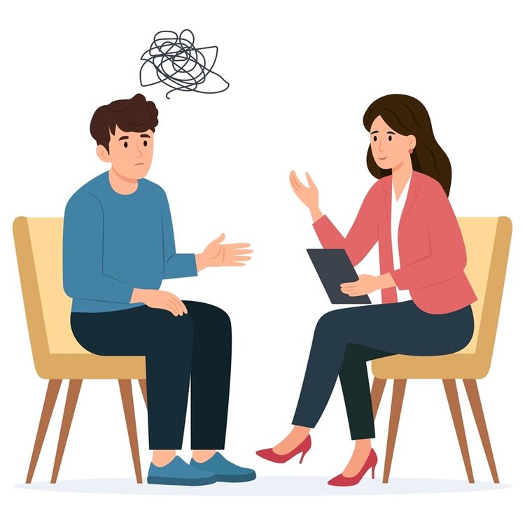 Sprechstunde an den Euro-Schulen Aschaffenburg Illustration einer Beratungssituation. Ein Mann sitzt sorgenvoll vor einer Frau, die ihn sozialpädagogisch berät und unterstützt, um ihm bei der Problembewältigung zu helfen.